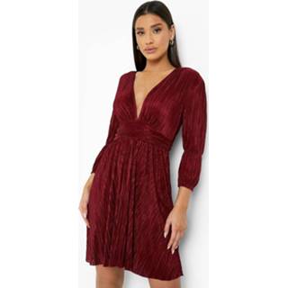 👉 Skater jurk wine Plisse Met Volle Mouwen En Laag Decolleté,