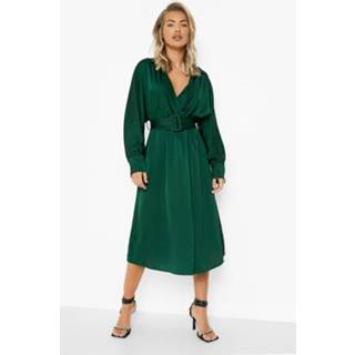 👉 Midi jurk emerald Satijnen Wikkel Met Ceintuur,