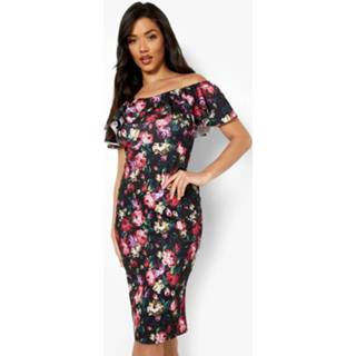 👉 Bloemen Midi Jurk Met Uitgesneden Hals En Franjes, Black