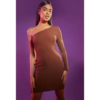 Geribbelde Mini Jurk Met Eén Blote Schouder En Lange Mouwen, Brown