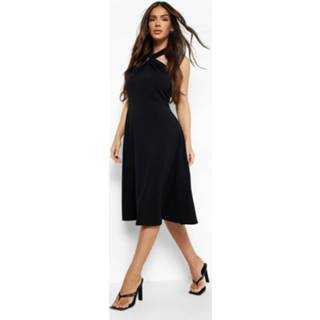 👉 Gedraaide Midi Skater Jurk Met Halter Neck, Black