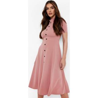 👉 Midi Skater Jurk Met Hoge Hals En Knoop Detail, Rose