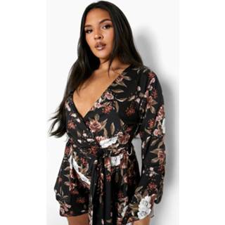 👉 Plus Bloemen Romper Met Wijde Mouwen En Ceintuur, Black