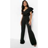 👉 Petite Asymmetrische Jumpsuit Met Ruches En Wijde Pijpen, Black