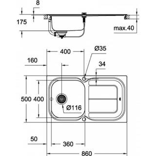 👉 Spoelbak roestvrij staal RVS Bouw active Grohe Inbouw K300 in met 1 bassin/drain-oppervlak 860x500mm 31563SD0 4005176473203