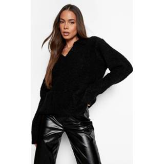👉 Geborstelde Gebreide Trui Met Polo Kraag, Black