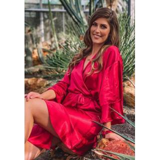 👉 Bordeaux rood One Size vrouwen Satijnen kimono dames ruffle - 6013722986990