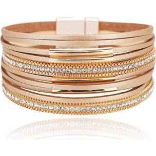 👉 Armband goudkleurige goud leer vrouwen Leren multilayer dames met magneetsluiting en steentjes 8720629981895