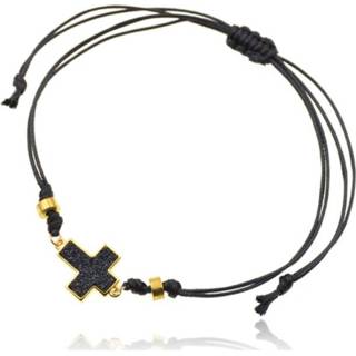 👉 Enkelband zwart touw metaallegering van met goudkleurige kralen en kruis 8720629982472