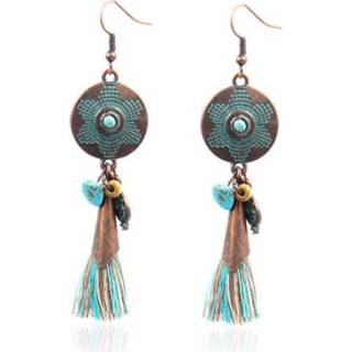 👉 Oorbel groen turkoois multicolor steen metaallegering Brons oorbellen met turquoise steen, kwast en amulet 8720629980737