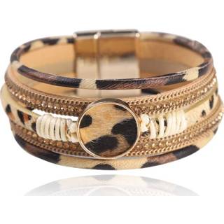👉 Armband bruin goudkleurige leer vrouwen Leren en dames dierenprint met magneetsluiting 8720629981826