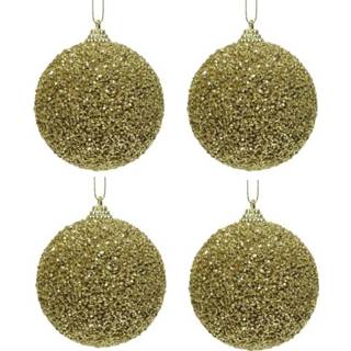👉 Kerstbal kunststof gouden active 6x Kerstballen glitters 8 cm met kralen kerstboom versiering/decoratie