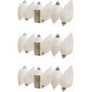👉 Kerstbal parelmoer kunststof active wit 18x dennenappel kerstballen glitter 8 cm kerstboom versiering/decoratie