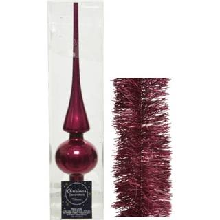 👉 Kerstversiering roze glans glazen piek 26 cm en folieslingers pakket framboos van 3x stuks