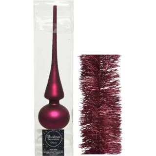 Kerstversiering roze glazen piek mat 26 cm en folieslingers pakket framboos van 3x stuks