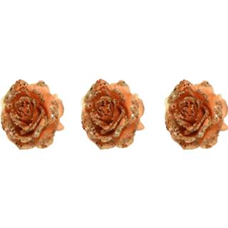 👉 Bruin 10x stuks decoratie bloemen roos terra glitter op clip 14 cm