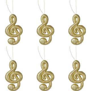👉 Gouden 6x Kerst hangdecoratie glitter G sleutel muzieknootjes 15 cm