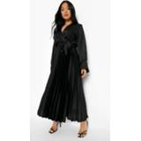 👉 Petite Geplooide Satijnen Skater Midi Jurk, Black