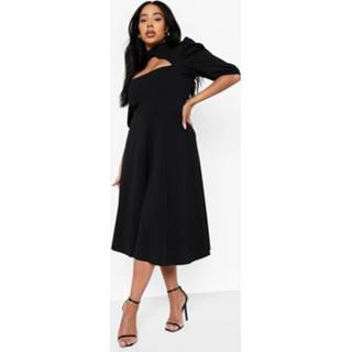 👉 Plus Sleutelgat Midi Jurk Met Pofmouwen, Black