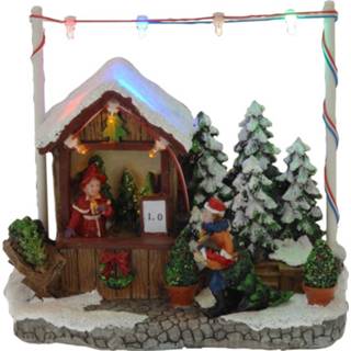 👉 Kerstdorp Kersthuisje Kerstboom Winkel/kraam 16 Cm Met Led Lampjes - Kerstdorpen 8719538492714