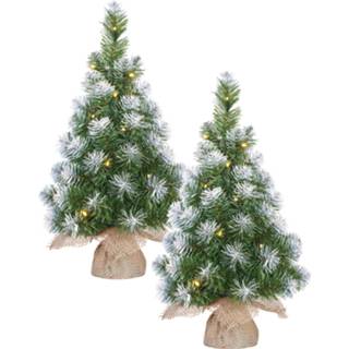 👉 Groene 2x stuks LED verlichte kunstboom met 15 lampjes en sneeuw 60 cm