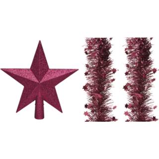 👉 Kerstster roze kunststof Set van een kerst ster piek en 2x stuks kerstslingers framboos (magnolia) glitter 270 x 10 cm