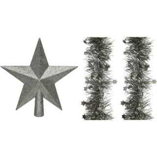 👉 Kerstster antraciet grijs kunststof Set van een kerst ster piek en 2x stuks kerstslingers (warm grey) glitter 270 x 10 cm