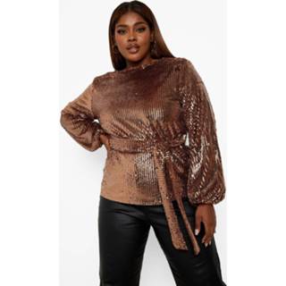 👉 Plus Fluwelen Gesmokte Top Met Pailletten En Shirtmouwen, Bronze