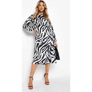 👉 Satijnen Zebraprint Midi Jurk Met Volle Mouwen, Black