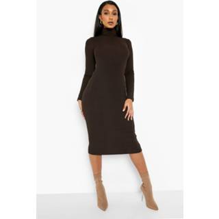 👉 Jumbo Geribbelde Premium Midi Jurk Met Col, Chocolate