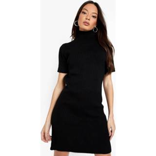 👉 Mini jurk zwart s Gebreide Met Hoge Hals, Black