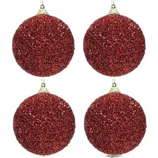👉 Kerstbal rode kunststof 6x Kerstballen Kerst Glitters 8 Cm Met Kralen Kerstboom Versiering/decoratie - 8720276109284