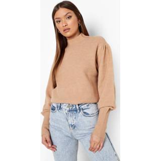 👉 Geribbelde Gebreide Trui Met Pofmouwen En Hoge Hals, Camel
