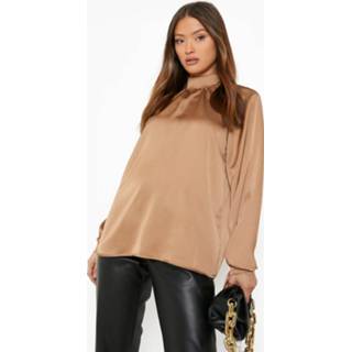 👉 Geplooide Satijnen Blouse Met Ballonmouwen, Camel