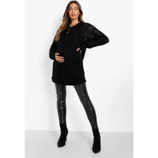 👉 Zwangerschap Grof Gebreide Trui Met Knoop Detail En Kraag, Black
