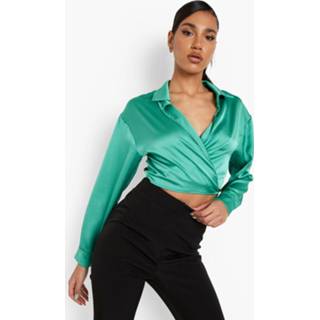 👉 Korte Satijnen Blouse Met Ceintuur, Bright Green