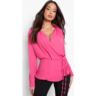 Gedrapeerde Wikkel Blouse Met Zijstrikjes, Hot Pink