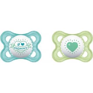 👉 Speen groen siliconen Mam Fopspeen Decor Message - 0-6 Maanden Sterilisatiedoos Set Van 2 Mommy 3612407667969