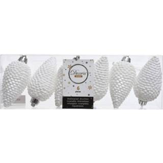 👉 Kerstbal witte kunststof 6x Winter Dennenappels Kerstballen 8 Cm Glitter - Kersthangers 8719538916838