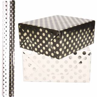 👉 4x Rollen Luxe Folie Inpakpapier Zilveren/gouden Stippen Pakket - Wit/zwart 200 X 70 Cm - Cadeaupapier