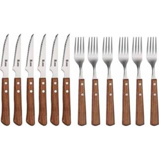 👉 Mes hout Fader Steak Messen - Vorken Set Lamet 12 Delig 7444736336317