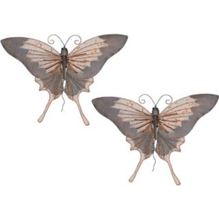 👉 Grijs goudbruine metalen 3x stuks grijs/goudbruine tuindecoratie vlinder hangdecoratie 34 x 24 cm