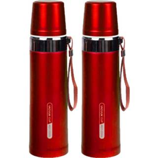 👉 Thermosfles rood RVS 2x Stuks / Isoleerfles Met Bandje Voor Onderweg 750 Ml - Thermosflessen 8720576605776
