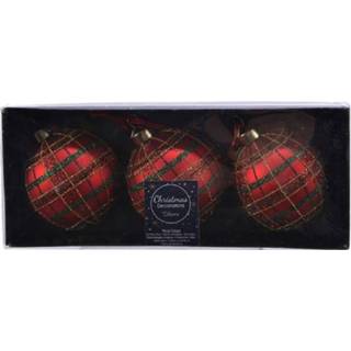 👉 Kerstbal active rode 3x glazen kerstballen ruit/glitters 8 cm