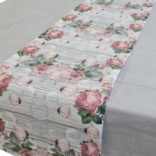 👉 Tafel loper kunststof active roze kerst tafellopers met rozen en kerstballen print 600 x 33 cm