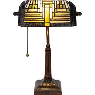 👉 Bureaulamp glas Clayre & Eef Lumilamp Bankierslamp Tiffany 5ll-6088 26*26*42 Cm E27 Creme In Lood Tafellamp 8717459798434