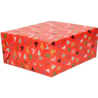 👉 Inpakpapier rood 1x Rollen Inpakpapier/cadeaupapier Kerst Print Rood/gekleurde Kerstbomen 250 X 70 Cm Luxe Kwaliteit - Cadeaupapier 8720276788618