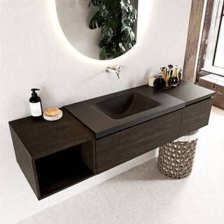 👉 Badmeubelset bruin melamine solid surface Dark Brown Mondiaz BUKLA 160x45x34cm 0 kraangaten wasbak midden Urban greeploos 2 lades met softclose BUKLA20159 6017315027046