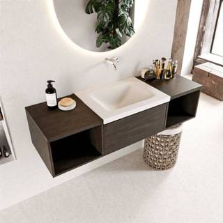 👉 Badmeubelset bruin melamine solid surface Dark Brown Mondiaz BUKLA 140x45x34cm 0 kraangaten wasbak midden Talc greeploos 2 lades met softclose BUKLA20097 6017319746714