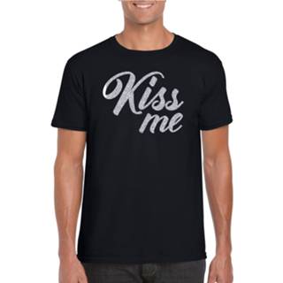 👉 Shirt zilver active mannen zwart Kiss me tekst t-shirt heren kus - Glitter en Glamour party kleding